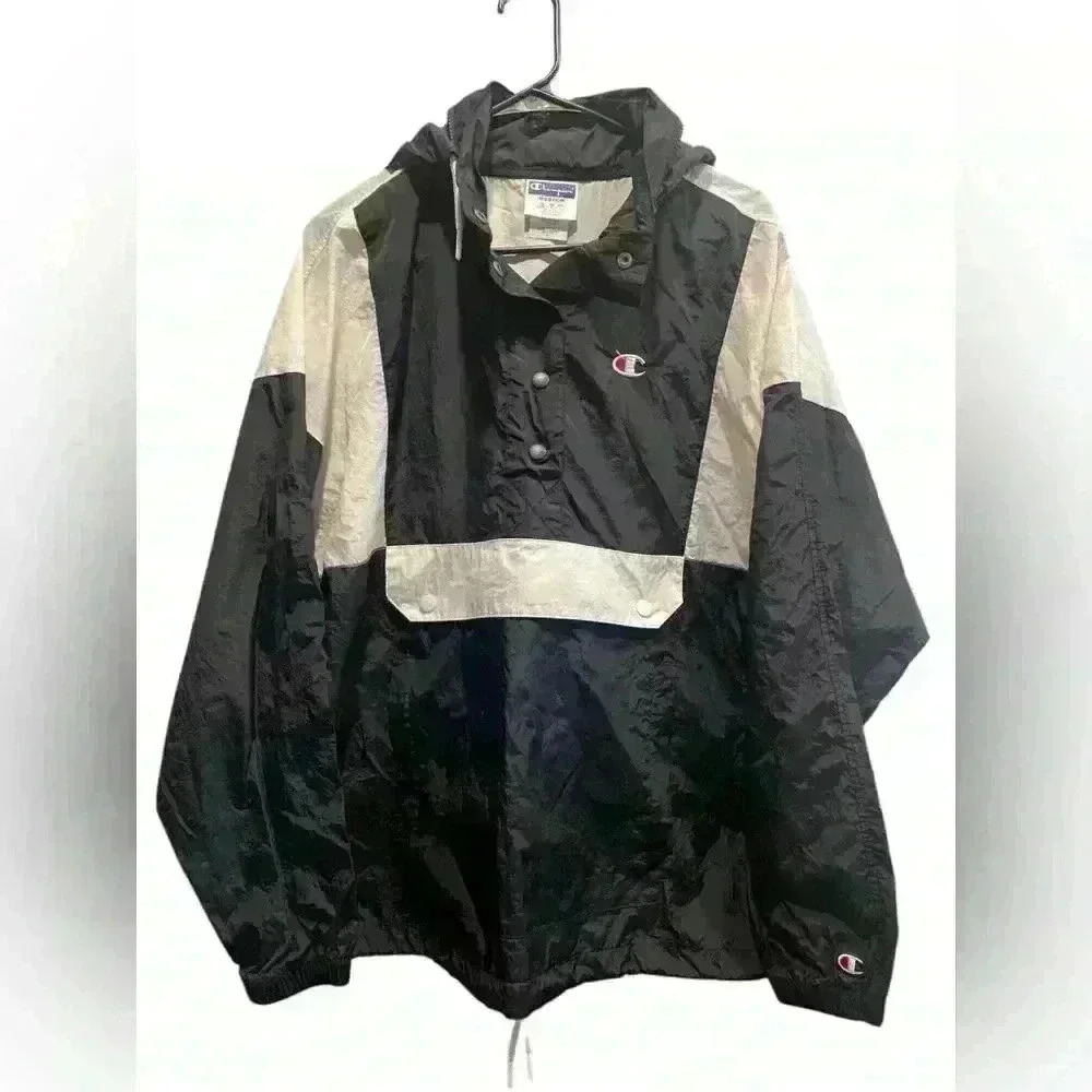 Vintage Champion Medium Black and White 1/2 Button Long Sleeve Windbreaker